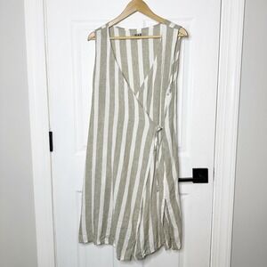 FLAX Linen Wrap Dress Tunic Size Medium Tan White Striped Sleeveless Lagenlook